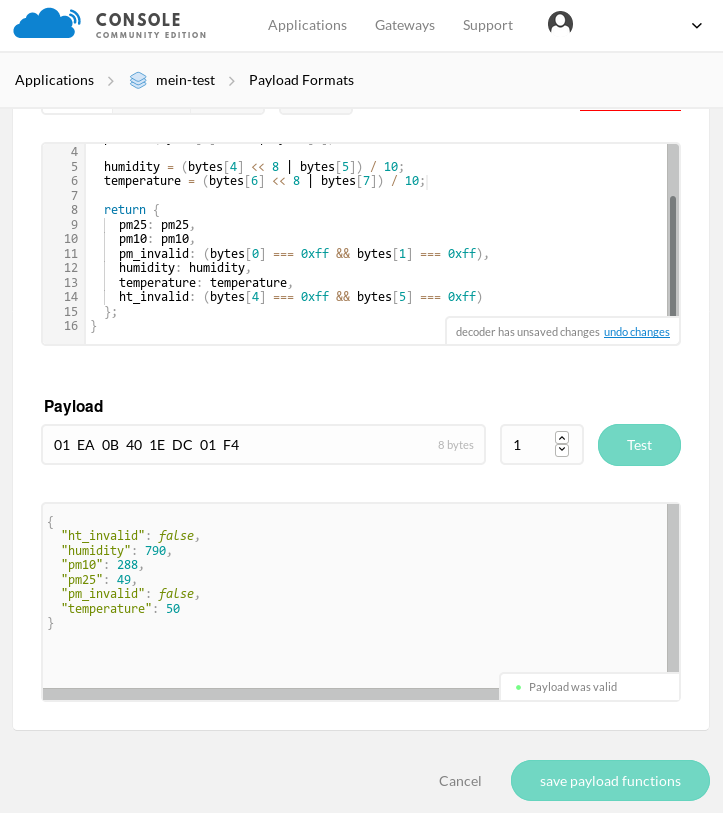 Payload Formats Dekoder (Feinstaubsensor)