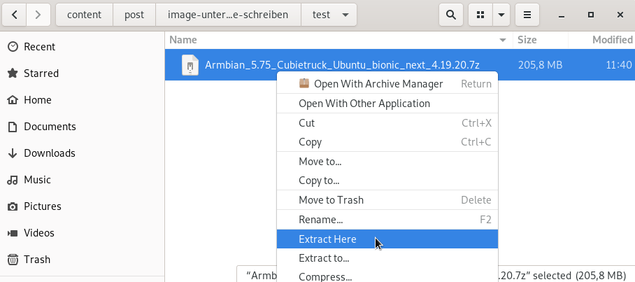 Kontextmenu zum Entpacken